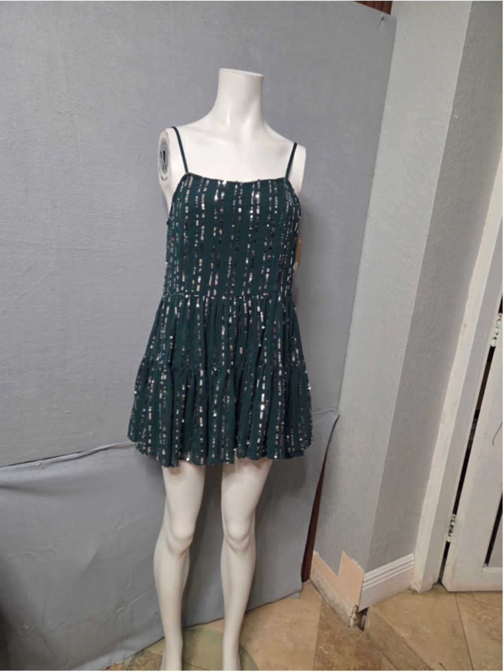 Women's Cupid State Sequin Mini Dress Green Silver Size S p2p 17
